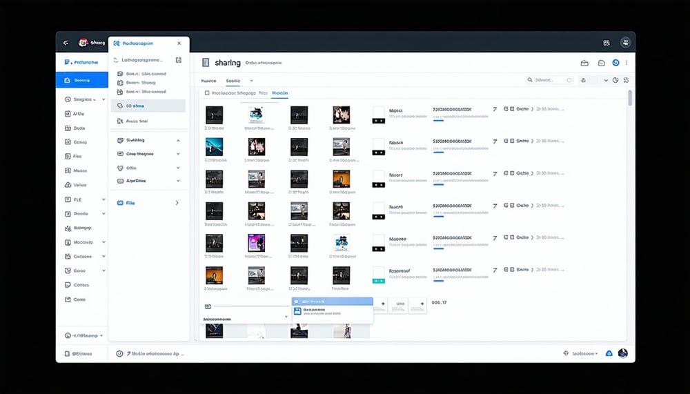 A computer screen displaying a file sharing platform with music and media files. A computer screen displaying a file sharing platform with music and media files.